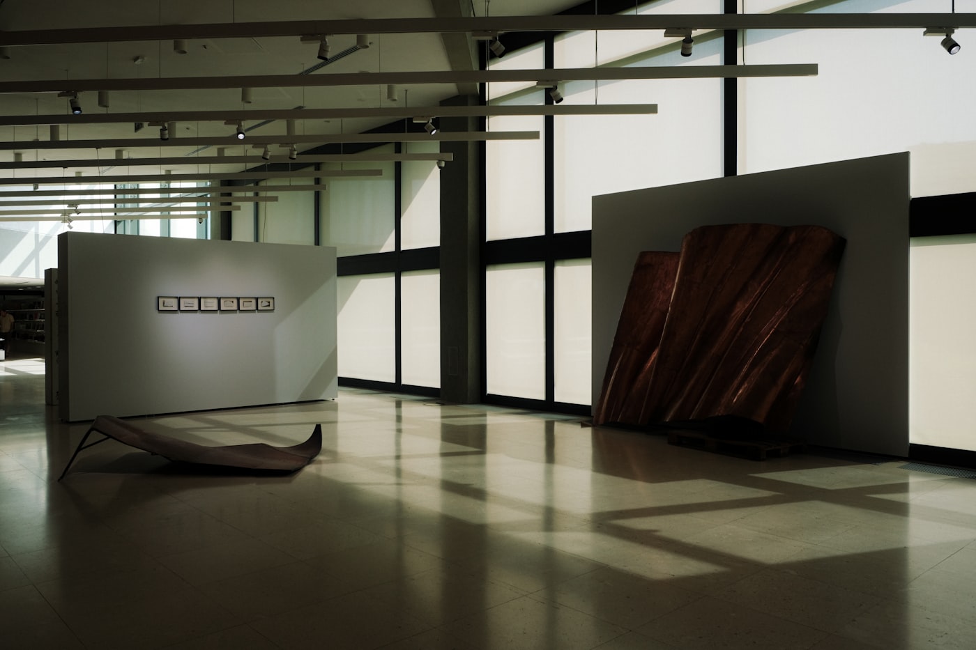 Gallery visitor viewing contemporary artworks