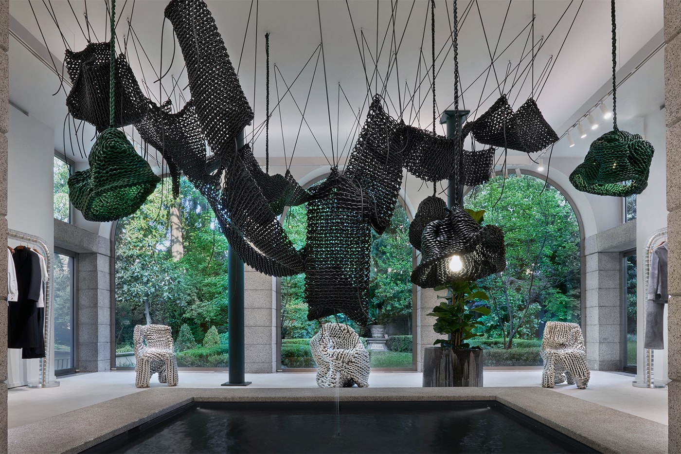 Detail of woven leather forms in Lightful installation by Kwangho Lee