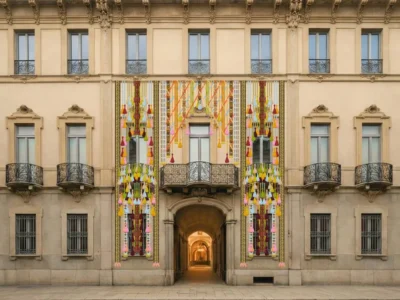 Palazzo Citterio facade with Bethan Laura Wood textile installation - When Apricots Blossom, Milan Design Week 2026