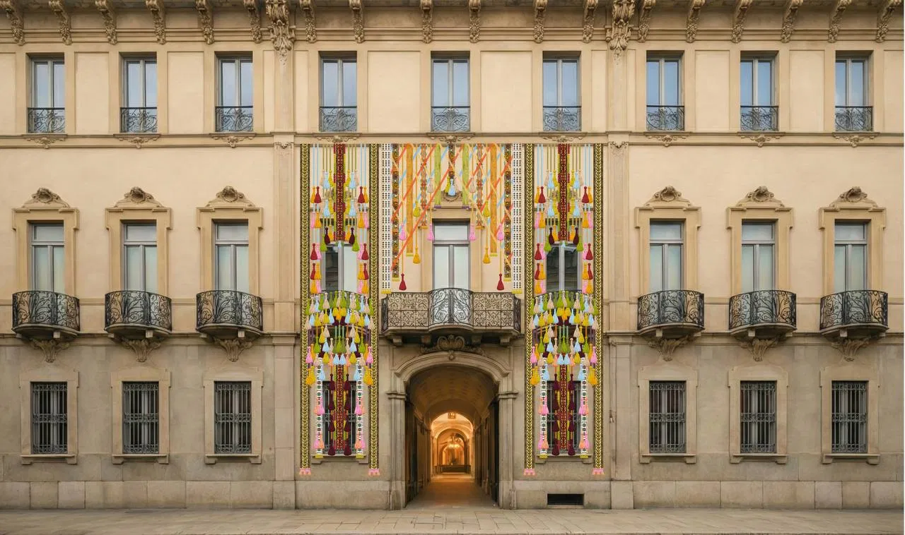 Palazzo Citterio facade with Bethan Laura Wood textile installation - When Apricots Blossom, Milan Design Week 2026