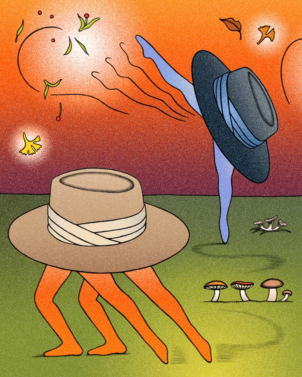 Linda Merad Hermès illustration - straw hat with multiple legs and flying wide-brim hat