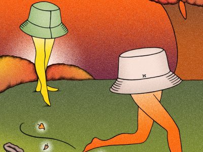 Linda Merad Hermès Interlude - bucket hats with legs walking in autumn mushroom field