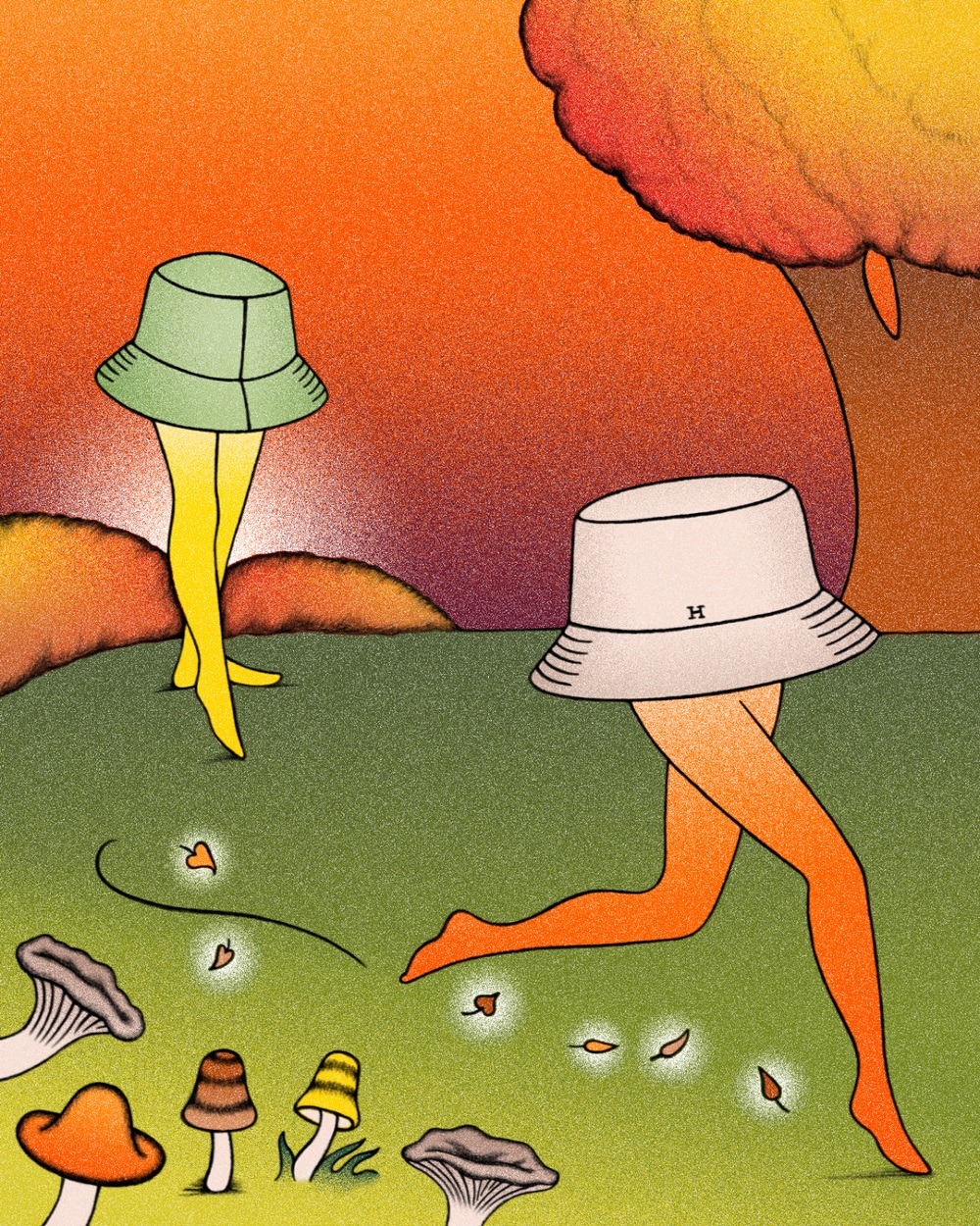 Linda Merad Hermès Interlude - bucket hats with legs walking in autumn mushroom field