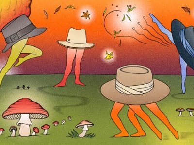 Linda Merad illustration for Hermès Interlude - hats on legs walking through autumn landscape with mushrooms