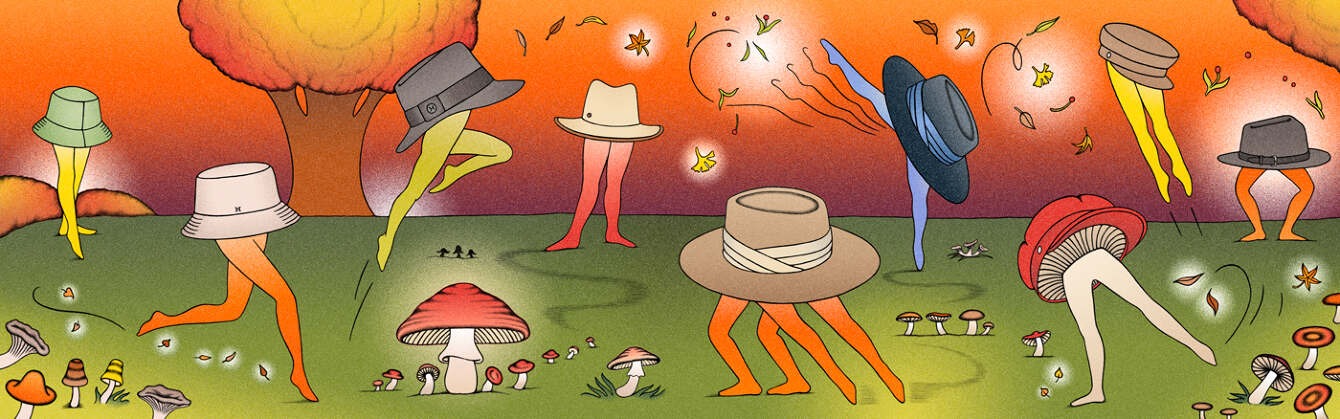 Linda Merad illustration for Hermès Interlude - hats on legs walking through autumn landscape with mushrooms
