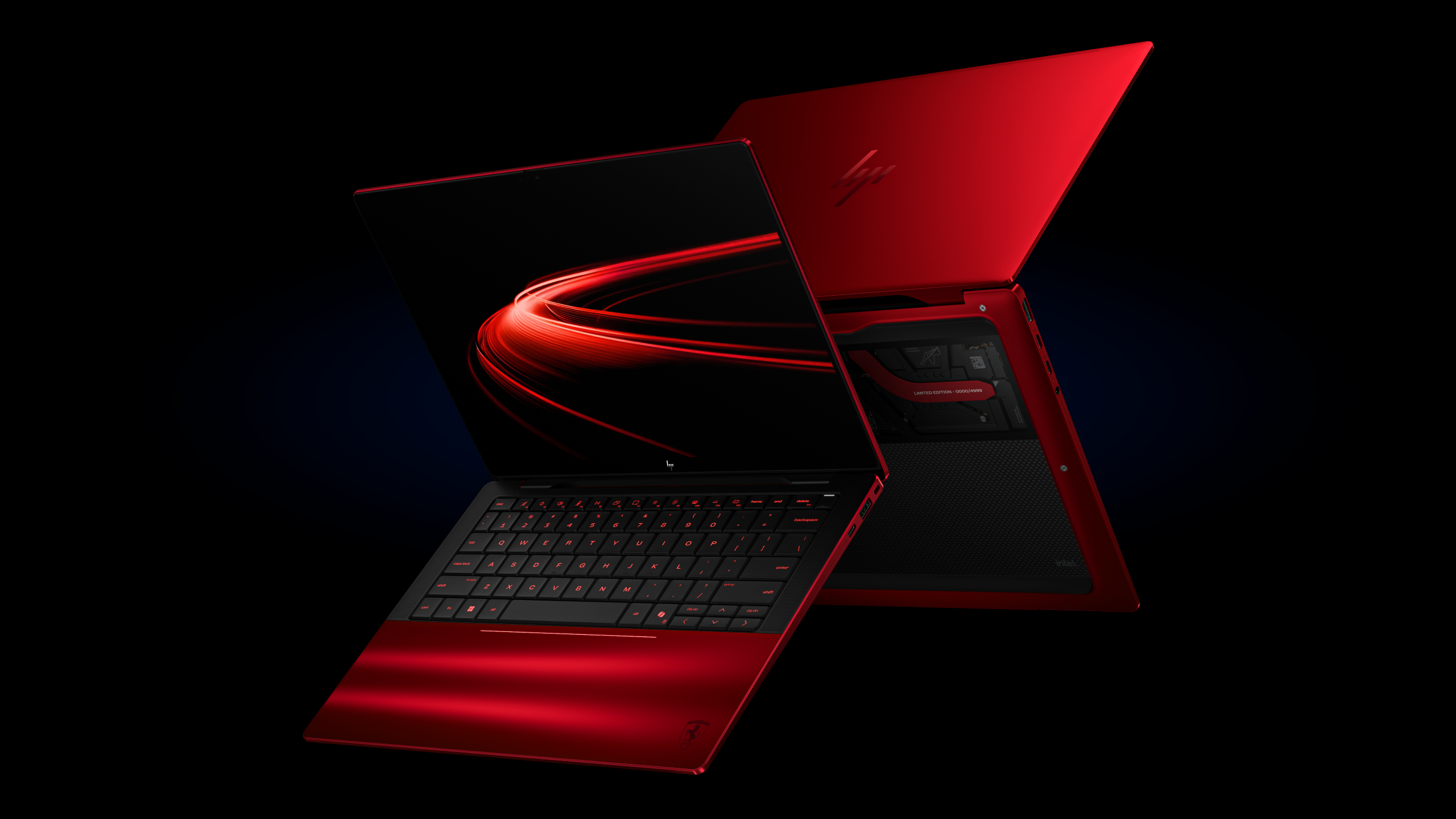 HP Limited Edition Scuderia Ferrari AI PC สีแดง Rosso Magma บนพื้นหลังดำ