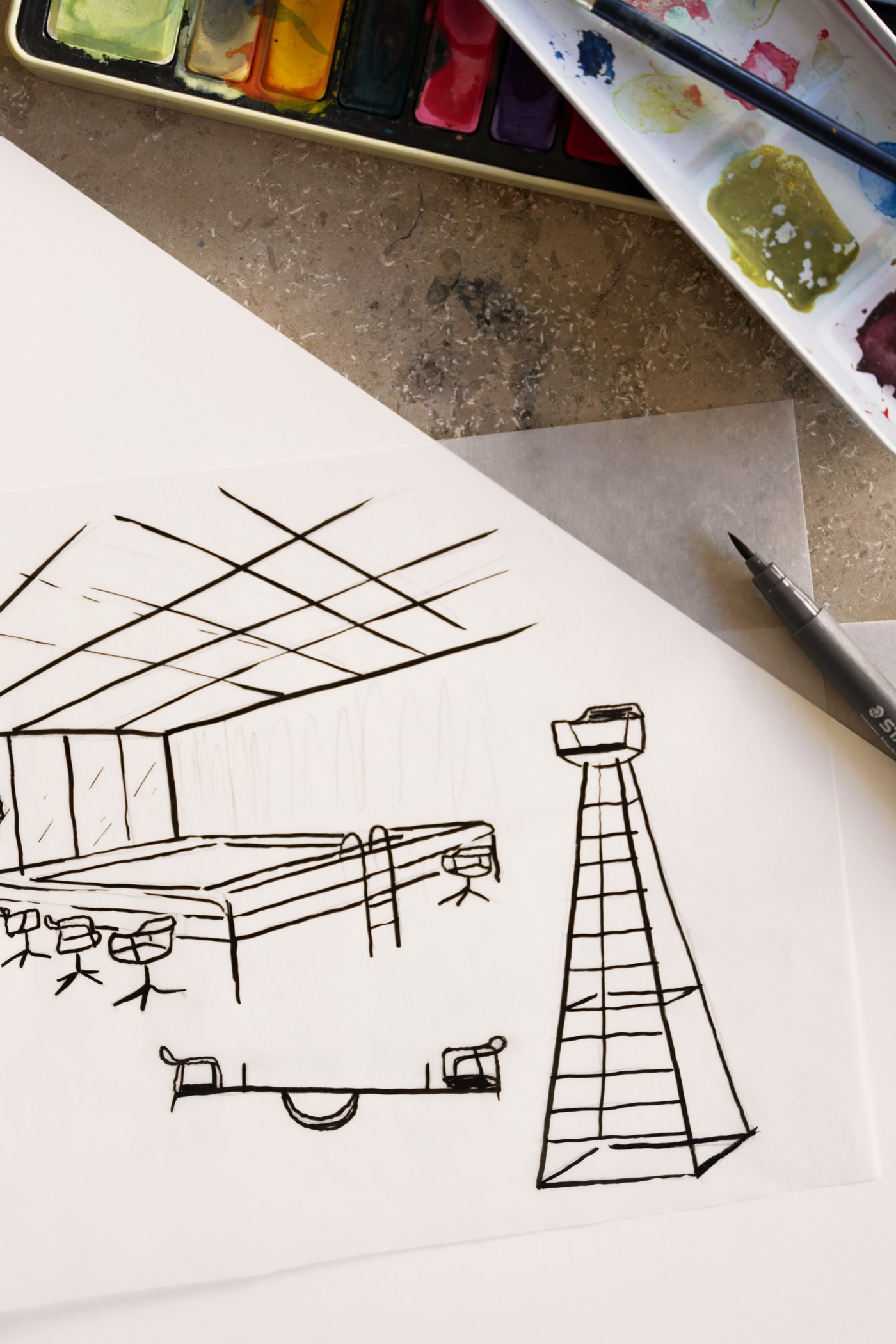 Vipp x Mesura installation process — plaid textile and steel construction