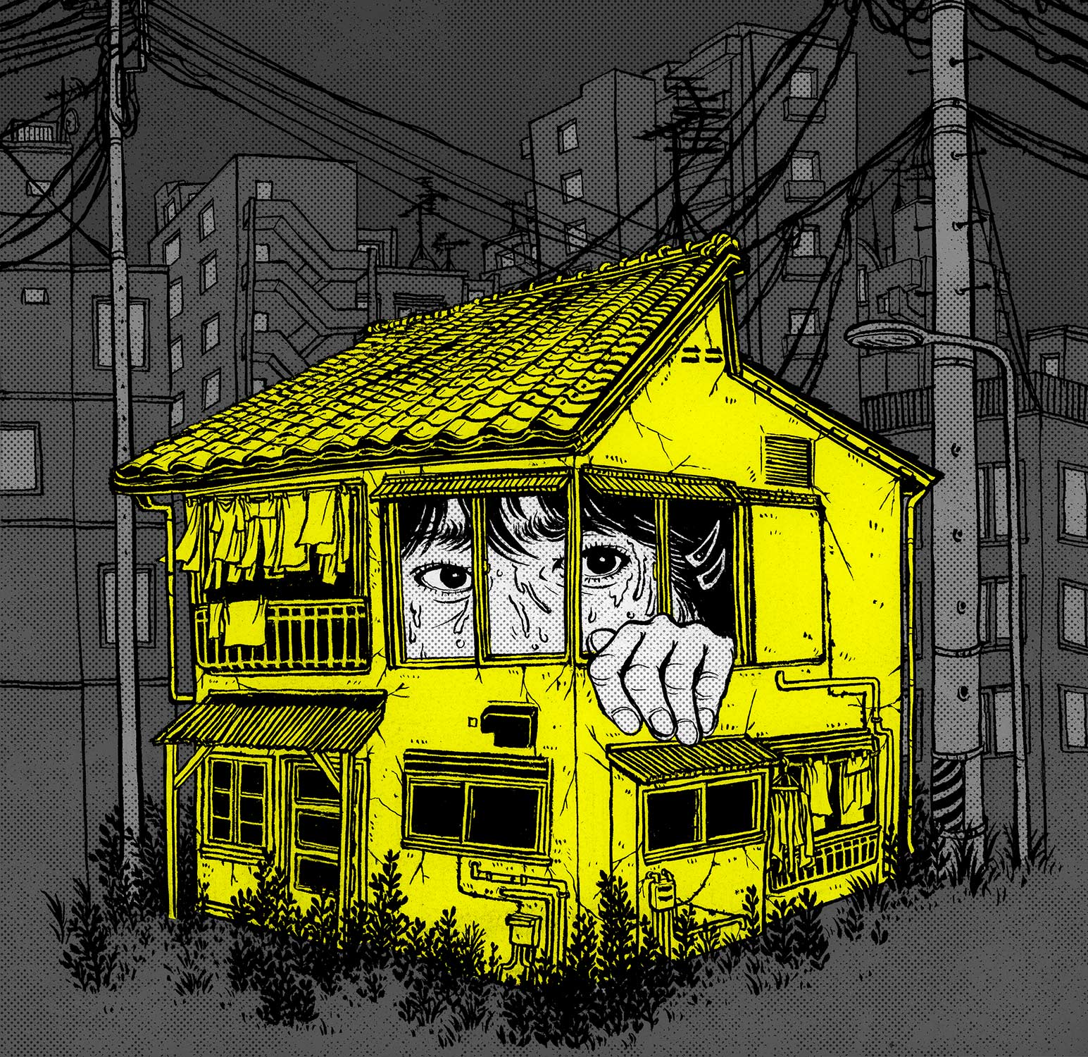 ผลงานภาพประกอบ Sisters in Yellow โดย Yuko Shimizu เส้นหมึกละเอียด