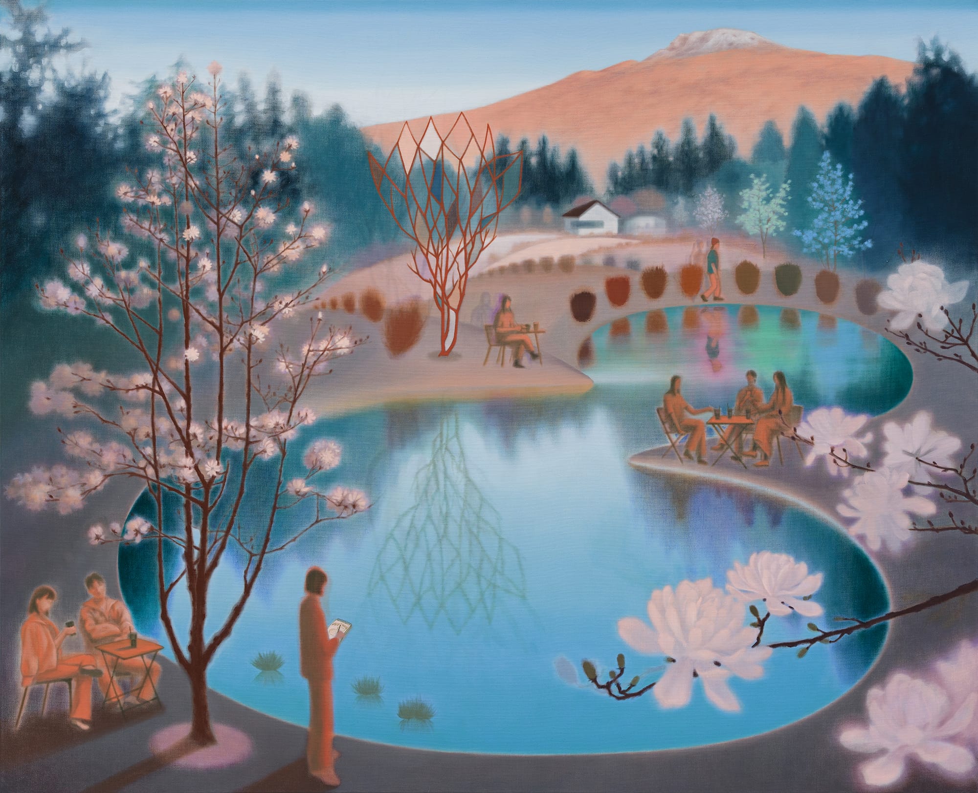 ภาพวาดสีน้ำมัน Rest ของ Guimi You ทิวทัศน์เนินเขากับสระน้ำในโทนนุ่ม