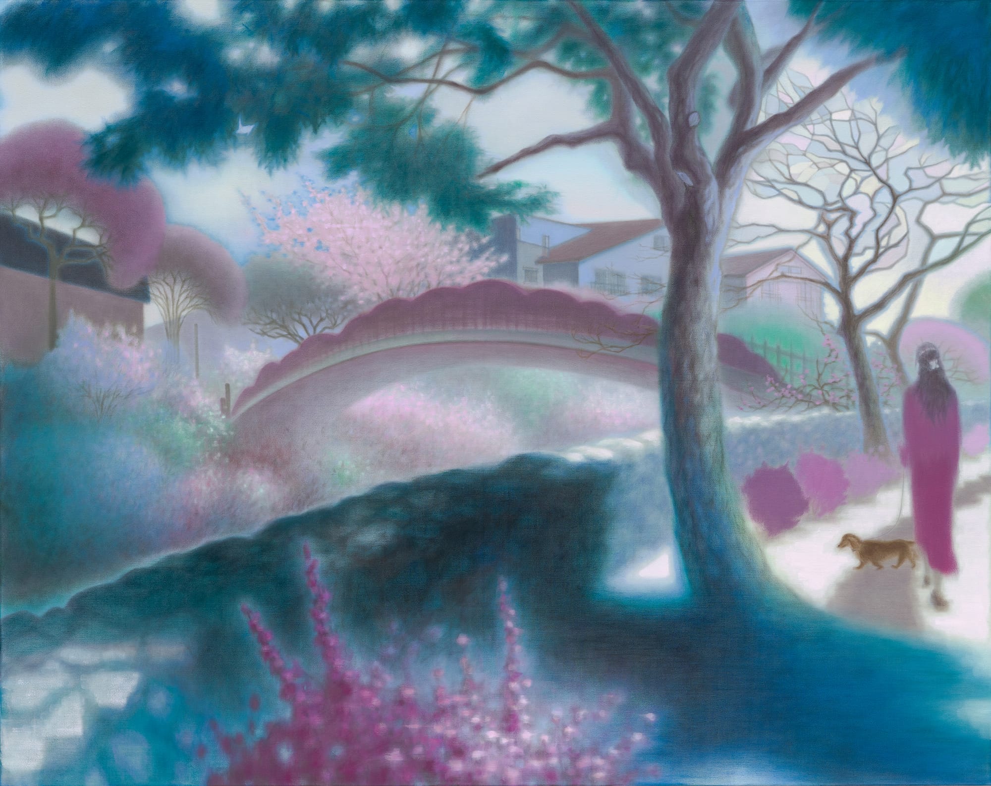 ภาพวาด Spring Walk ของ Guimi You หญิงเดินกับสุนัขริมลำธารในโทนฟ้าและม่วงแดง