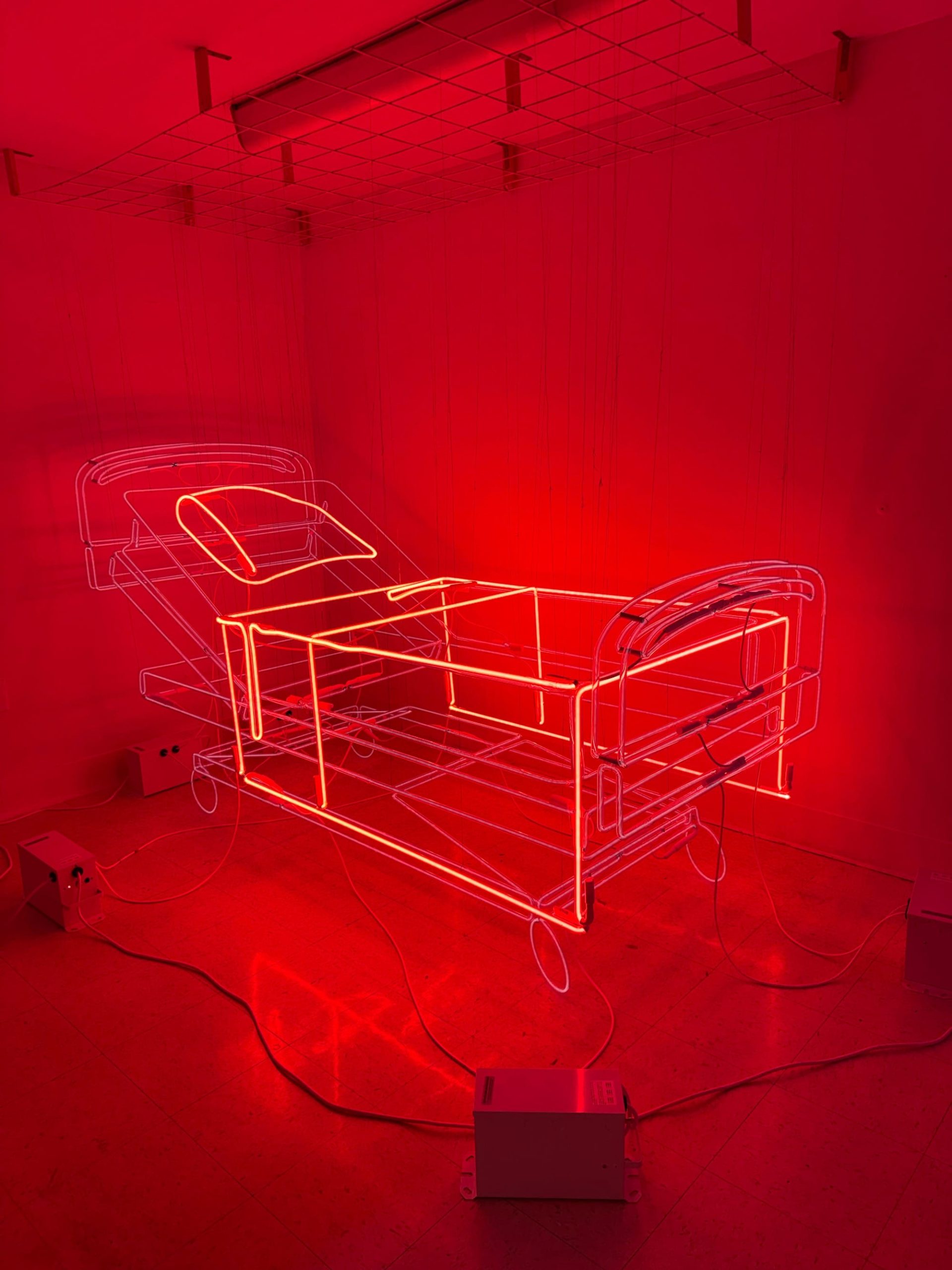เตียงเรืองแสงนีออนสีแดงในห้องผู้ป่วย ผลงานหมวด Resilience ของ David Otis Johnson