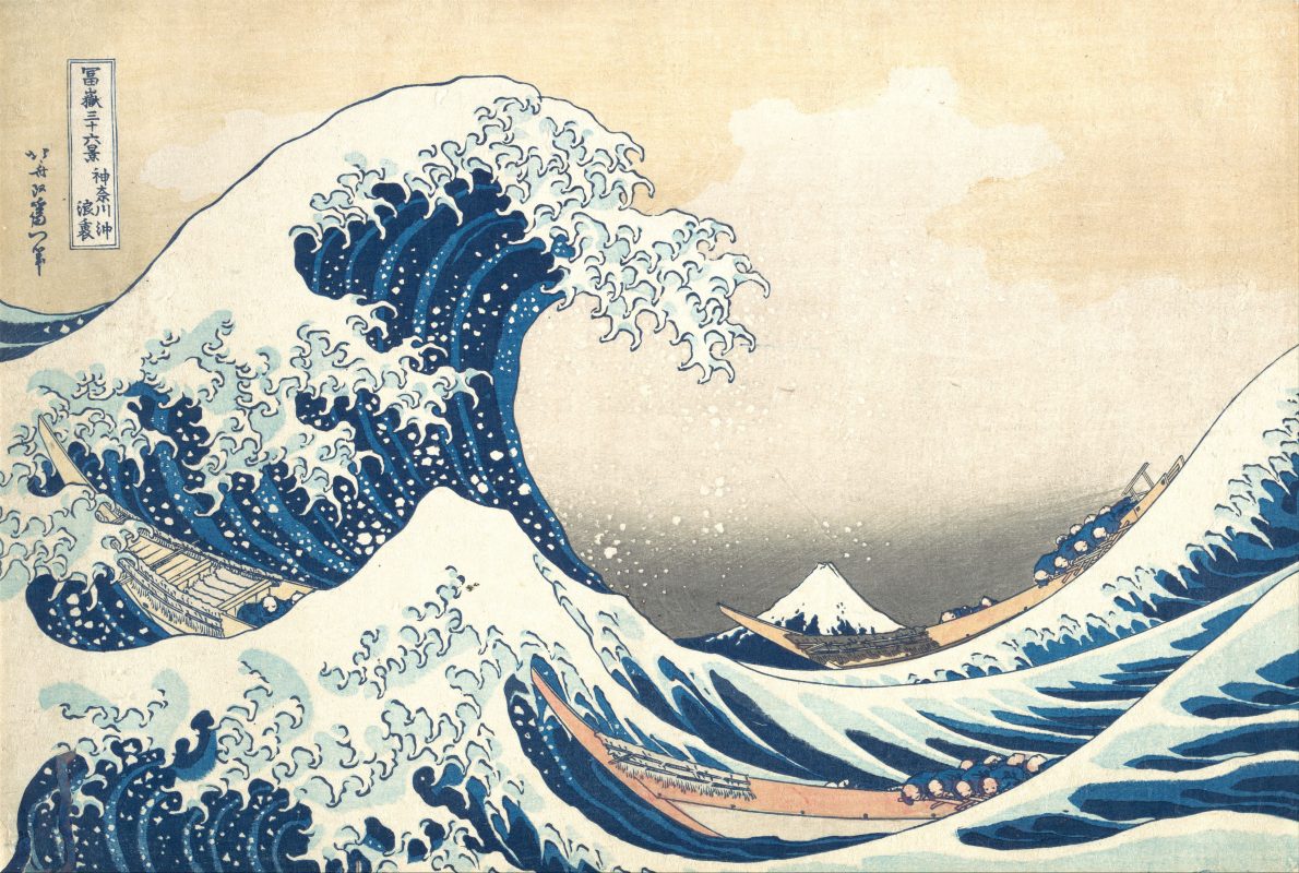 ภาพพิมพ์ The Great Wave off Kanagawa ของโฮกุไซ คลื่นยักษ์โค้งเหนือเรือกับภูเขาไฟฟูจิเล็กไกล