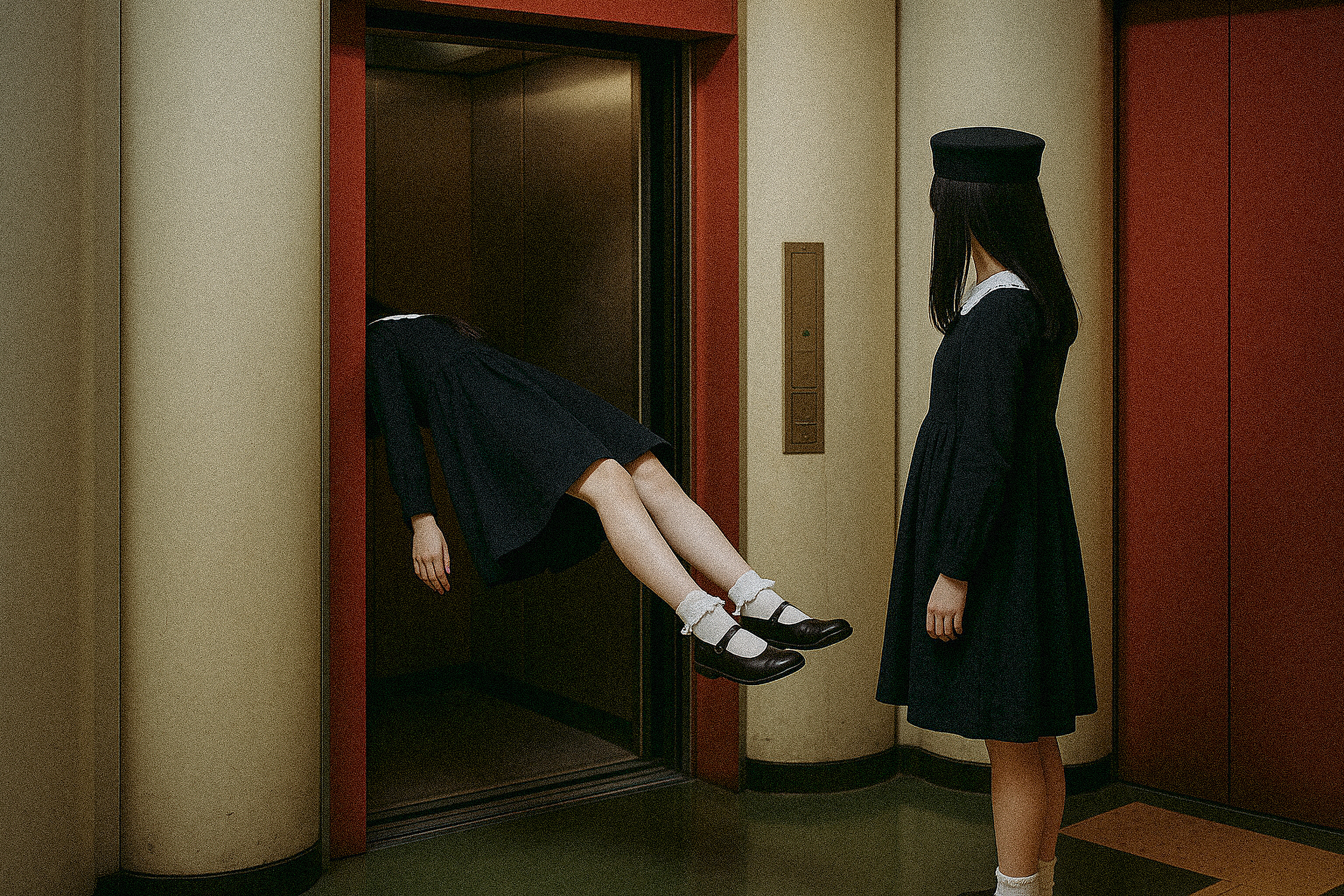 เด็กนักเรียนลอยตัวในลิฟต์ ขณะอีกคนยืนมอง ผลงาน THE GIRL ของ Natsumi Hayashi
